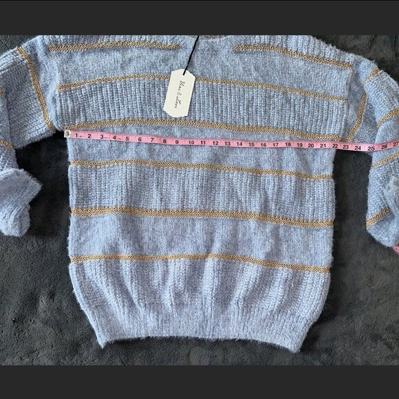 SALE Light Blue Gold Stripe Chunky Knit Soft Sweater Women's Large - Picture 4 of 9